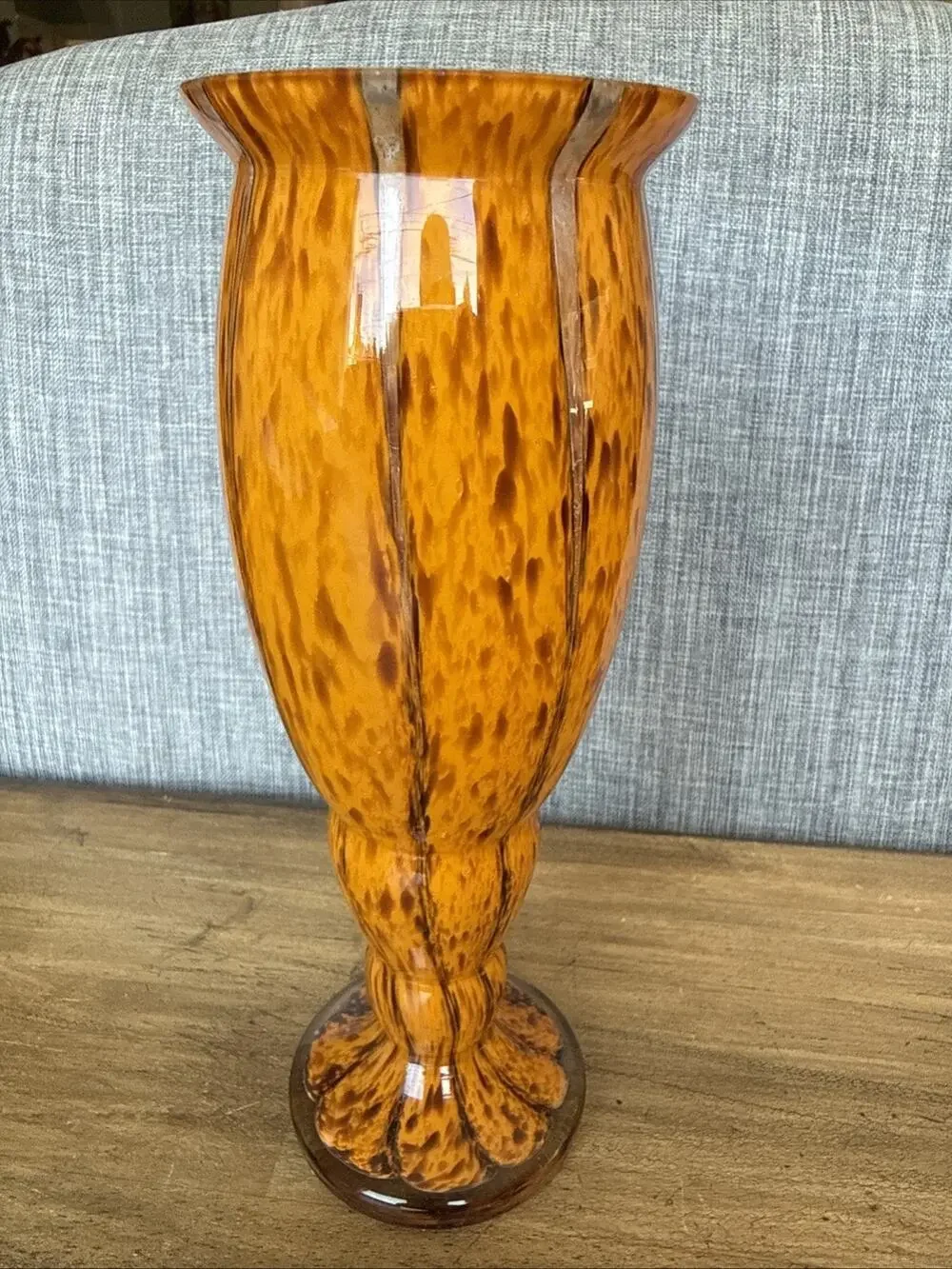 Franz Welz 1930s Bohemian Tango Art Glass Vase Orange Brown Zig‑Zag Spatter